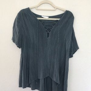 LUSH Teal Lace Up Blouse